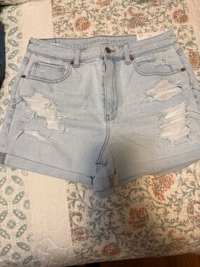 American Eagle Outfitters Light Blue Distressed Roll-Cuff Denim Shorts